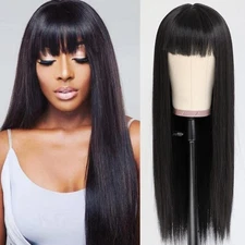 Long Straight Off black Heat Resistant Synthetic Hair Dress Up Wig With Fringe