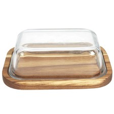 HowHomely Butterdose Butterbehälter Butterglocke Holz Glas transparent 19x14x6cm