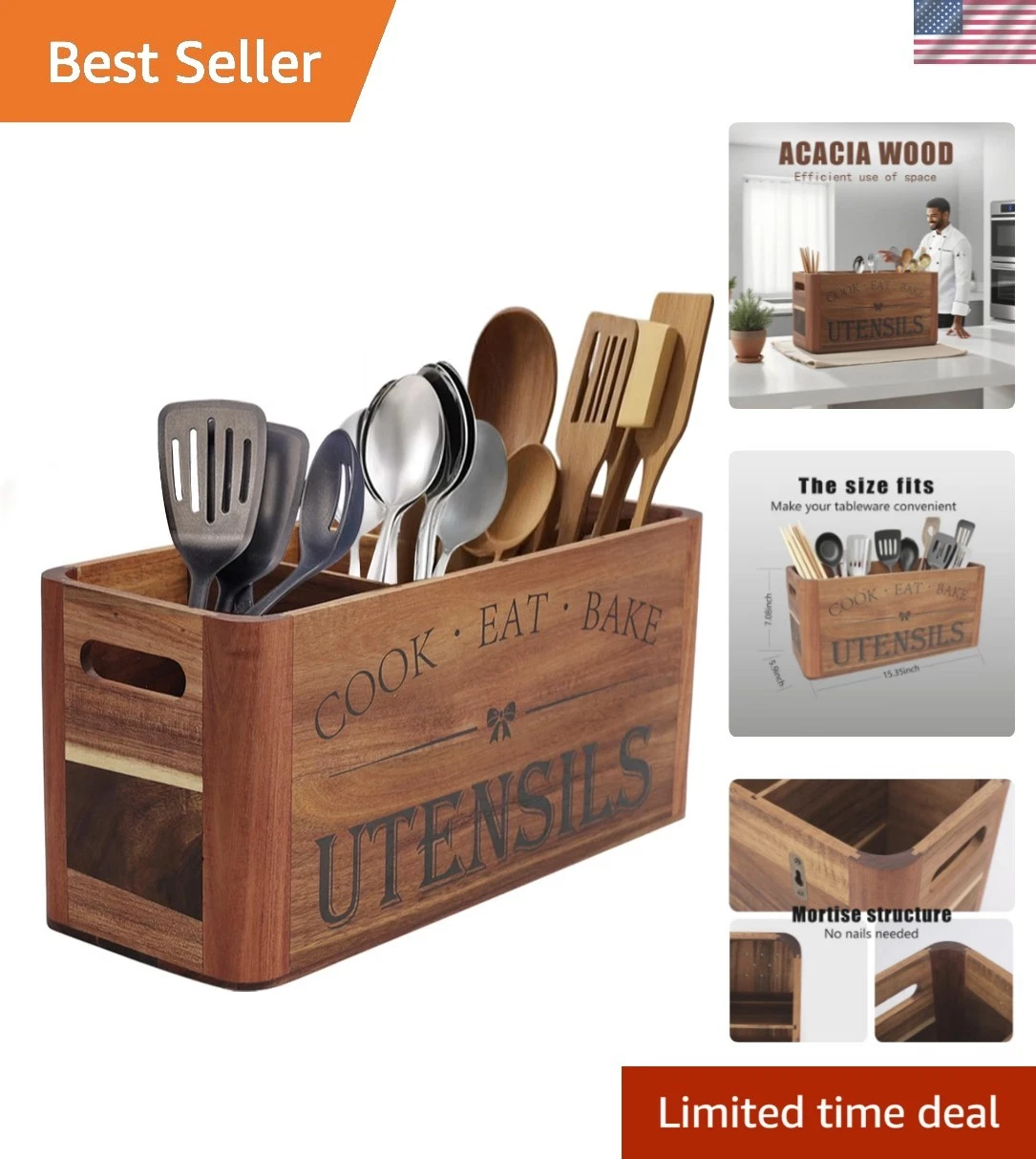 Utensil Holder for Kitchen Countertop - Extra Large 4 Compartment Wooden Orga...