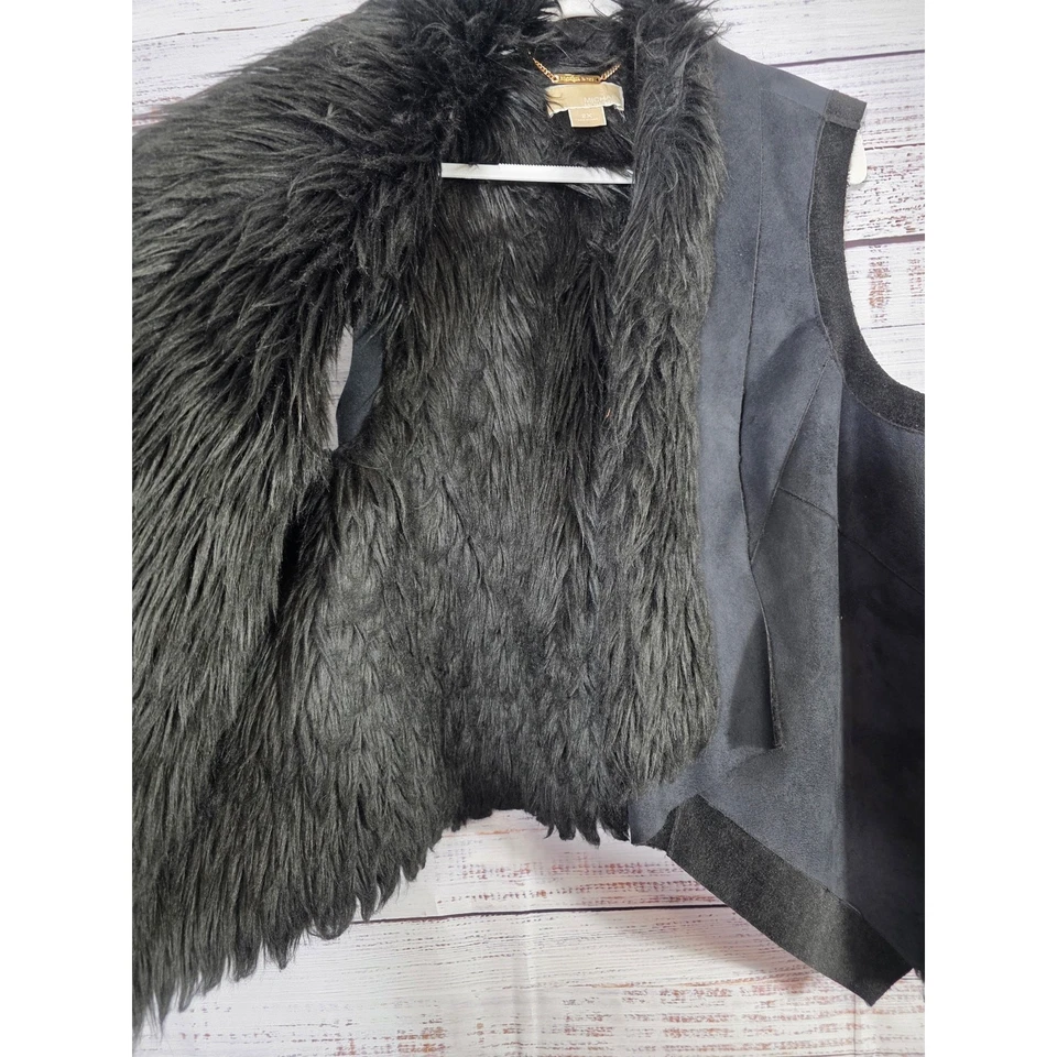 Michael Kors Women's Faux Suede Fur Vest Black Sleeveless Open Front Waterfall - Image 2 of 4