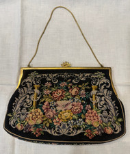 Victorian Floral Tapestry Evening Bag Black Multi-Color Metal Frame Chain Handle