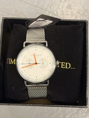 Ted Baker London Men s Watch Silver Mesh White Dial Orange Hands - Needs Battery