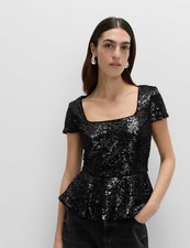 Marks & Spencer Womens Black Sequin Square neck Short sleeved Top - M&S