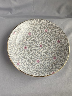 Vintage English Bone China Saucer Gray Foliage Pink Flowers Chintz Pattern Gold