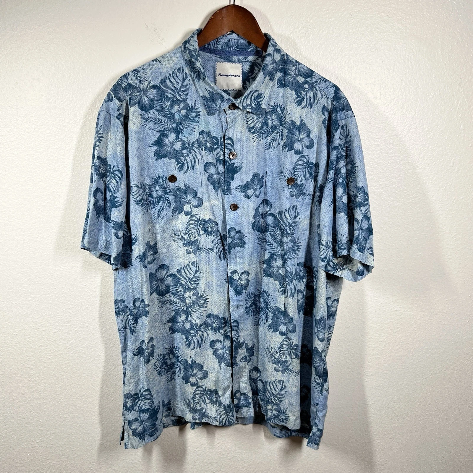Tommy Bahama Blue Silk Hibiscus Tropical Floral Print Hawaiian Camp Shirt XXL