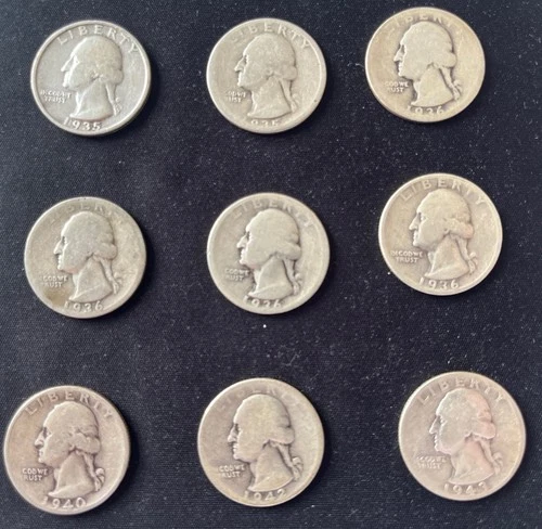 Silver Washington Quarters Lot of 9 Circulated 2 1935, 4 1936, 1940, 1942, 1943