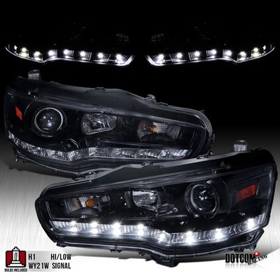 Fit 2008-2015 Mitsubishi Lancer Black Smoke LED Strip Projector Headlights Lamps