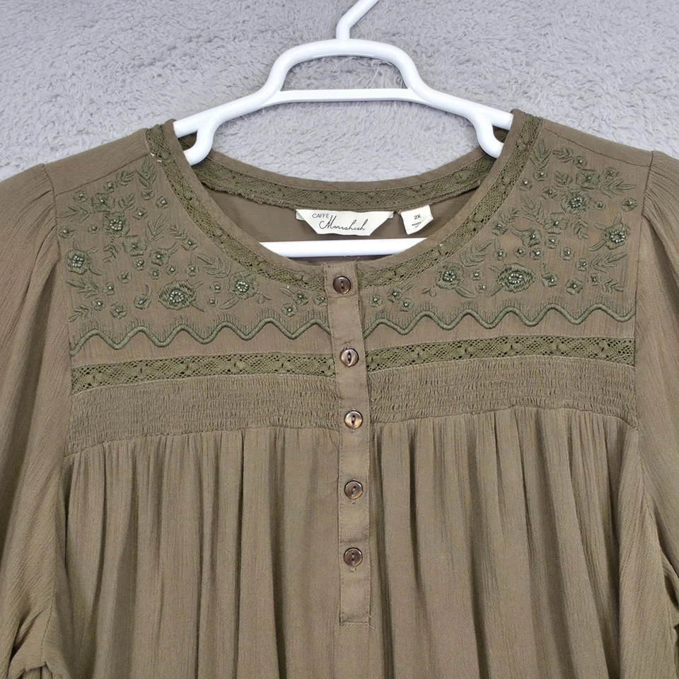 Blusa Caffe Marraksh Para Mujer 2X Oliva Boho Campesina Top Gasa Encaje Henley Camisa Foto 4 de 4