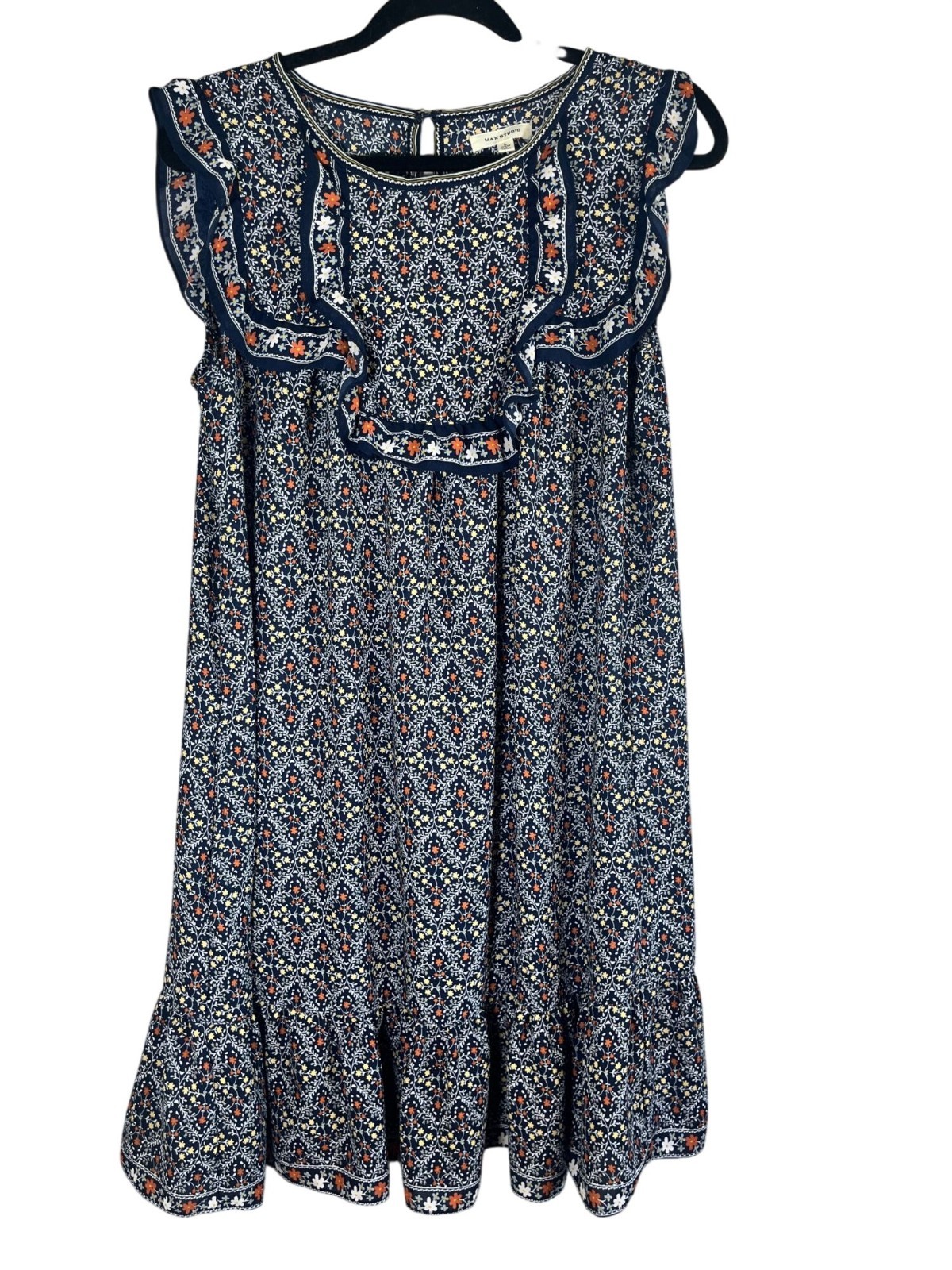 Retro Floral Ruffle Tank Dress Blue L Boho Indie Folk Feminine Colorful Chic