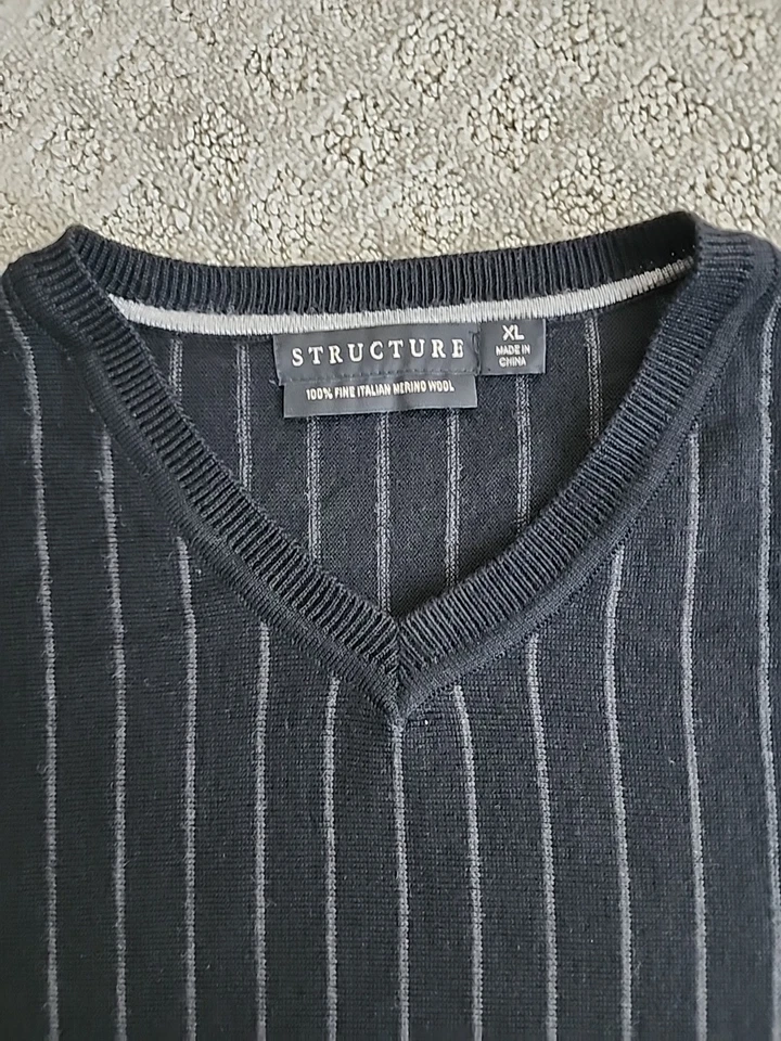 Structure 100% Fine Italian Merino Wool Striped V-Neck Sweater Sz XL - Image 2 of 3