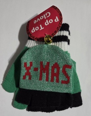 Pop Top Gloves Open Fingers Mit  ''Merry Elfin Xmas'' Green Combo One Size W/bell