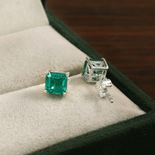 Colombian Lab Grown Emerald Asscher Cut Luxury Stud Earring For Anniversary Gift