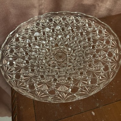 Vintage Brillant All Over tief geschliffenes Glas Sockel Stiel Schale Starburst 13'' x5