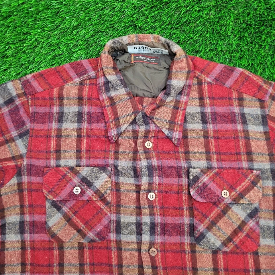 Vintage 90s Arrow Flannel Plaid Button Shirt Large 22x27 Red - Image 3 of 4