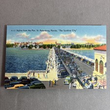Skyline from the Pier St Petersburg Sunshine City  FL TOURIST POSTCARD unp linen