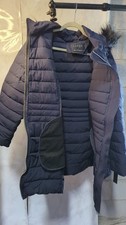 Nuage Women's Navy Blue Quilted Puffer Coat Faux Fur Trim Hood Winter Jacket