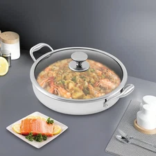Frying Pan w/2 Handle 32cm Round Flat-Bottomed Frying Pan w/Tempered Glass Lid