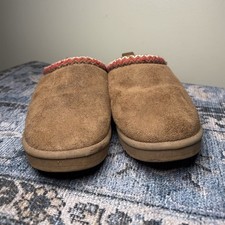 Brown Suede Slip-On Women's Slippers with Patterned Trim, Faux Fur Lining
