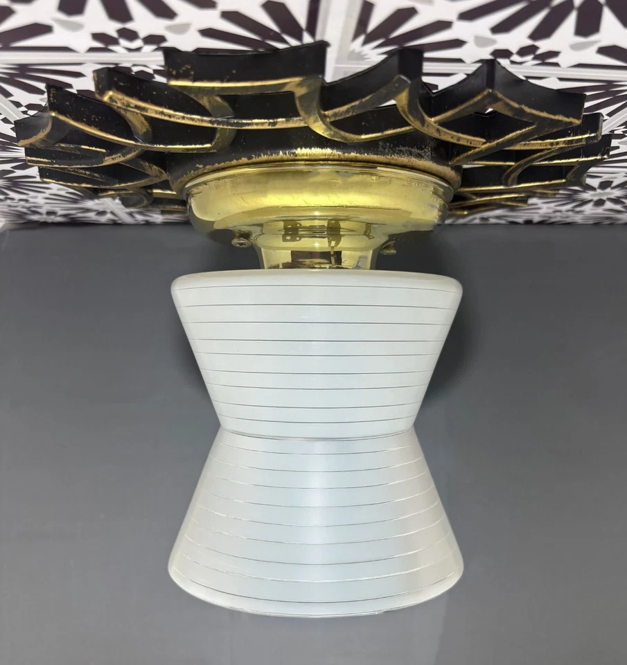 RARE Authentic Virden MCM Flush Mounted White Ribbed Light Fixture & Canopy - Image 4 of 4