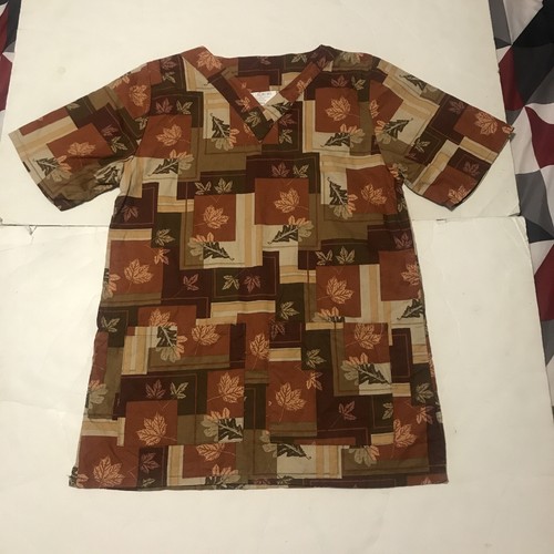 GSL Scrubs Top Size S Ladies Brown Leaves Short Sleeves 4246 - Picture 1 of 9