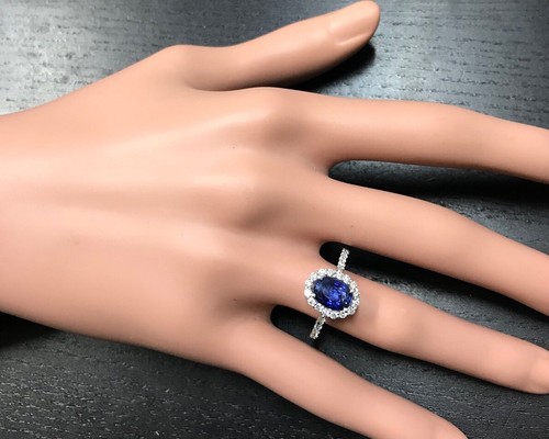  2.90Ct Natural Blue Sapphire & Diamond 14K White Solid Gold Ring - Picture 5 of 8