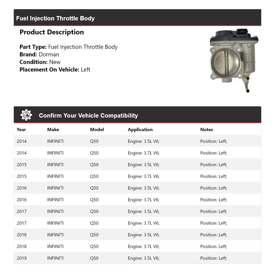 Cuerpo del acelerador de inyección de combustible izquierdo Infiniti Q50 Dorman 2014-2019 2015 2016 Foto 2 de 4