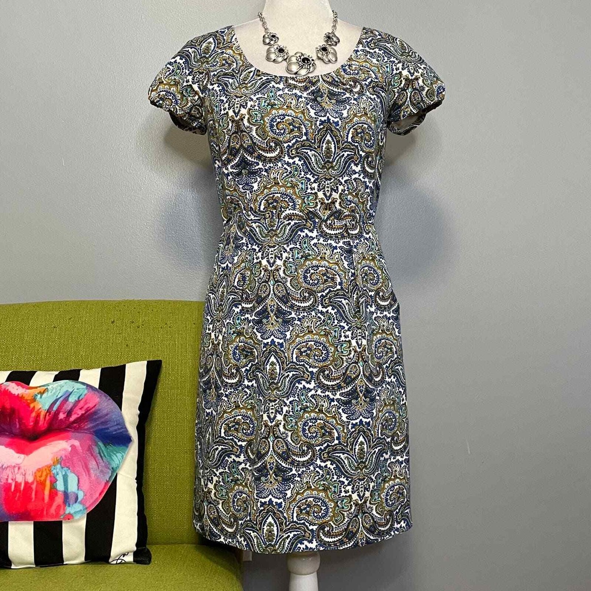 j crew blue paisley dress J Crew Blue White Paisley Short Sleeve Sheath Dress 2 Work Cocktail