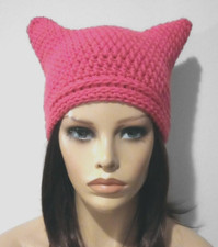 crochet womans handmade hat kitty cat ears beanie dark pink new