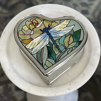 Amia Denver Co. Hand Painted Dragon Fly Heart Shape Trinket Box