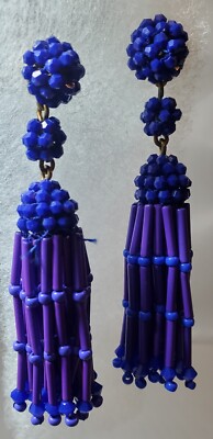 Tassel Seed bead Royal Blue & Purple  Dangle Earrings Elegant/ Chic/Boho/Fun! 3''