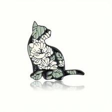 Beautiful Floral Kitty Enamel Pin - Black Cat, Flowers, Leaves