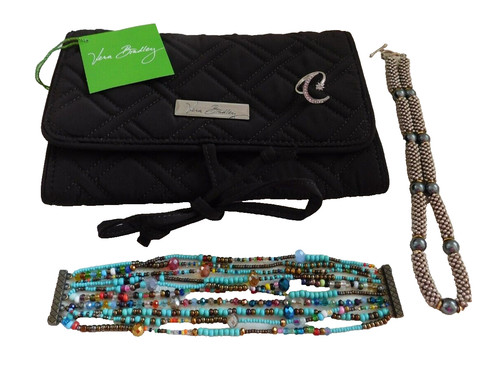 VERA BRADLEY Jewelry Roll Travel Case Espresso Brown Microfiber & Lot of Jewelry