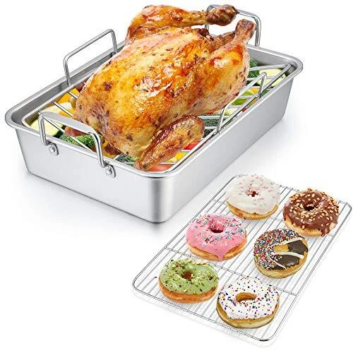 14 Inch Non-Stick Roasting Pan with Rack and Handles for Lasagna Chicken Roaster