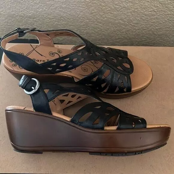 Bear Traps Womens Black Leather Wedge Heel Sandals 6.5 M NWOB