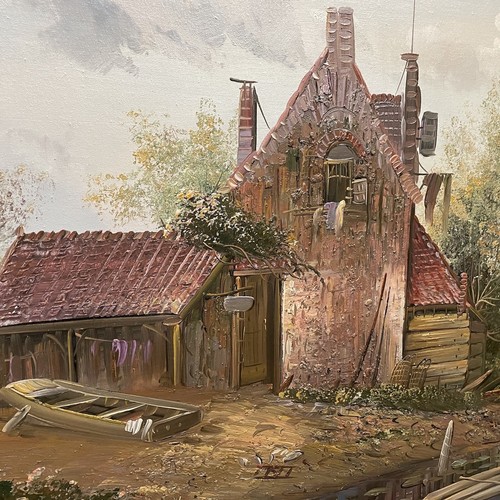 Hand painted Oil On Canvas Boat Yard Scene Signed - Picture 3 of 6
