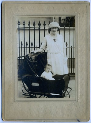 Old Photo Cabinet Card Type Young Lady with Baby in Carriage Date un-known