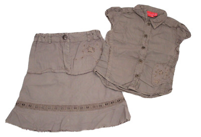Blue Seven Mädchen-Kombi Sommer-Rock Midi Bluse Khaki-grün Lochmuster Gr. 92