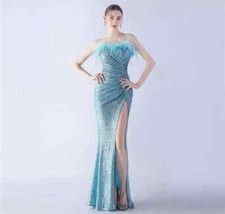 Vestito Abito Elegante Lungo Azzurro Strass Spacco Aderente Sera Evento 01846