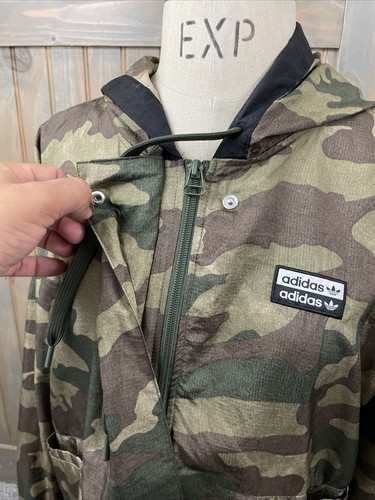 Adidas Jacket Small Green Camo Camouflage Full Zip Logo Crop Lightweight Pocket - Picture 6 of 7