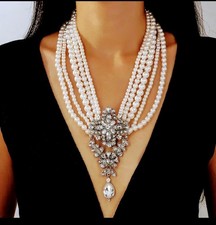Stunning Bridal Necklace Multi Layered Faux Pearls With  Lab Created Crystals