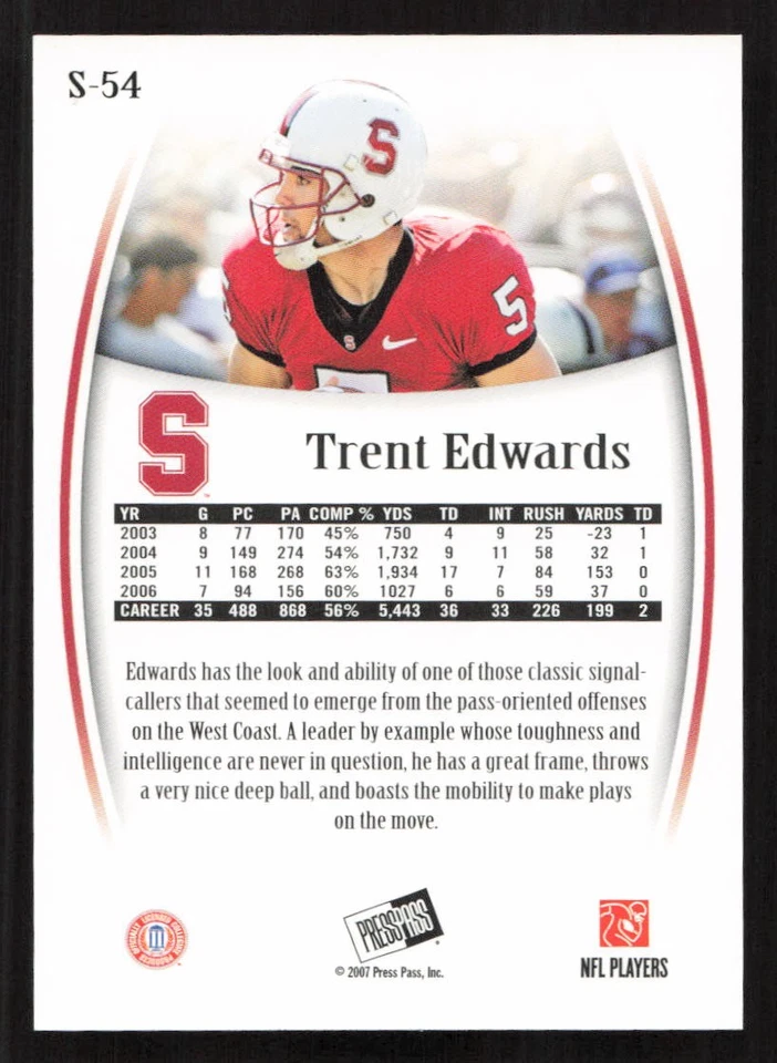 2007 Press Pass Legends Trent Edwards Silver #/499 #S-54 Card - Image 2 of 2