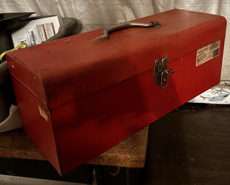 Vintage Red Metal Tool Box with removable tray in excellent condition