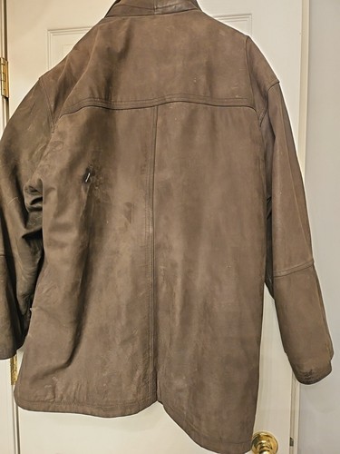 VINTAGE! Men's Perry Ellis Leather Coat/sherpa Collar/ XL/ Deep Olive Green - Picture 11 of 24