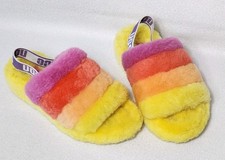 UGG Fluff Yeah Slide Pride Rainbow Yellow Fur Slippers Womens Size 6