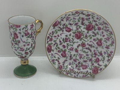 VTG Inarco Demitasse Footed Teacup and Saucer Set Japan Tea Rose Pattern w/Green