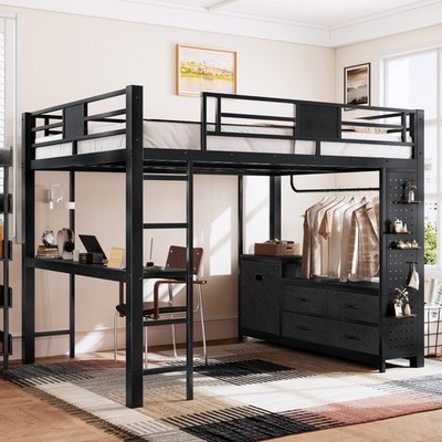 Queen Size Black Metal Loft Bed Frame w/ Desk Shelves Storage Unit Space-Saving