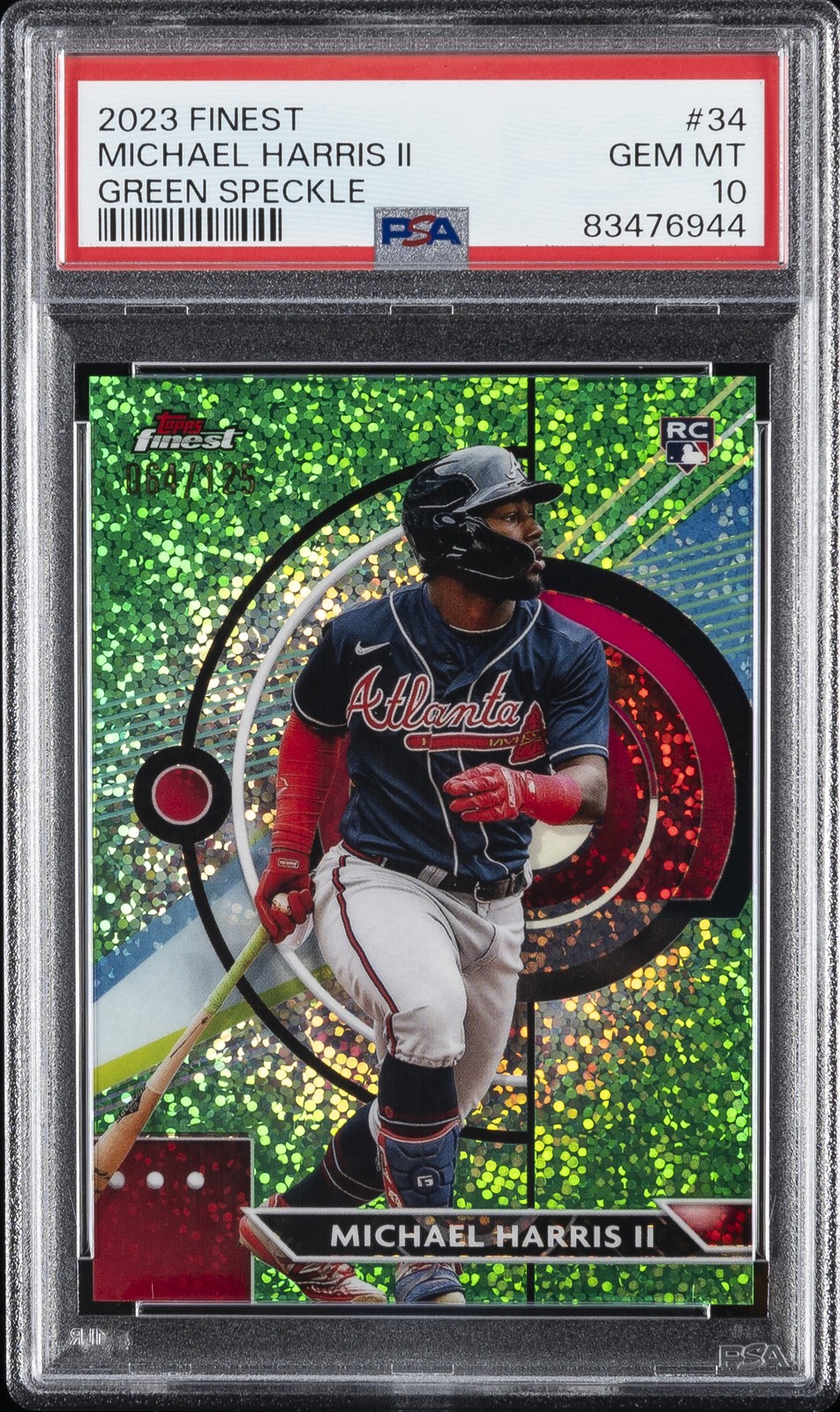 2023 TOPPS FINEST GREEN SPECKLE  #34 MICHAEL HARRIS II ROOKIE RC 64/125 PSA 10