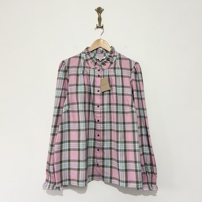 Boden Schottenkaro Baumwolle Rüschen Ausschnitt Bluse Hemd Gr. 20 rosa kariert Flanell Scandi