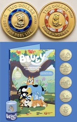 【希少】Bluey ブルーイ 2026 $2  記念 カラー 2026 Bluey $2 5-Coin Set Sealed + 2 Colour Coin fr Till + Folder