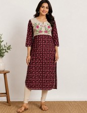 Embroidered Floral Kurti Tunic Woven Dress Side Slits Boho India Women’s XL